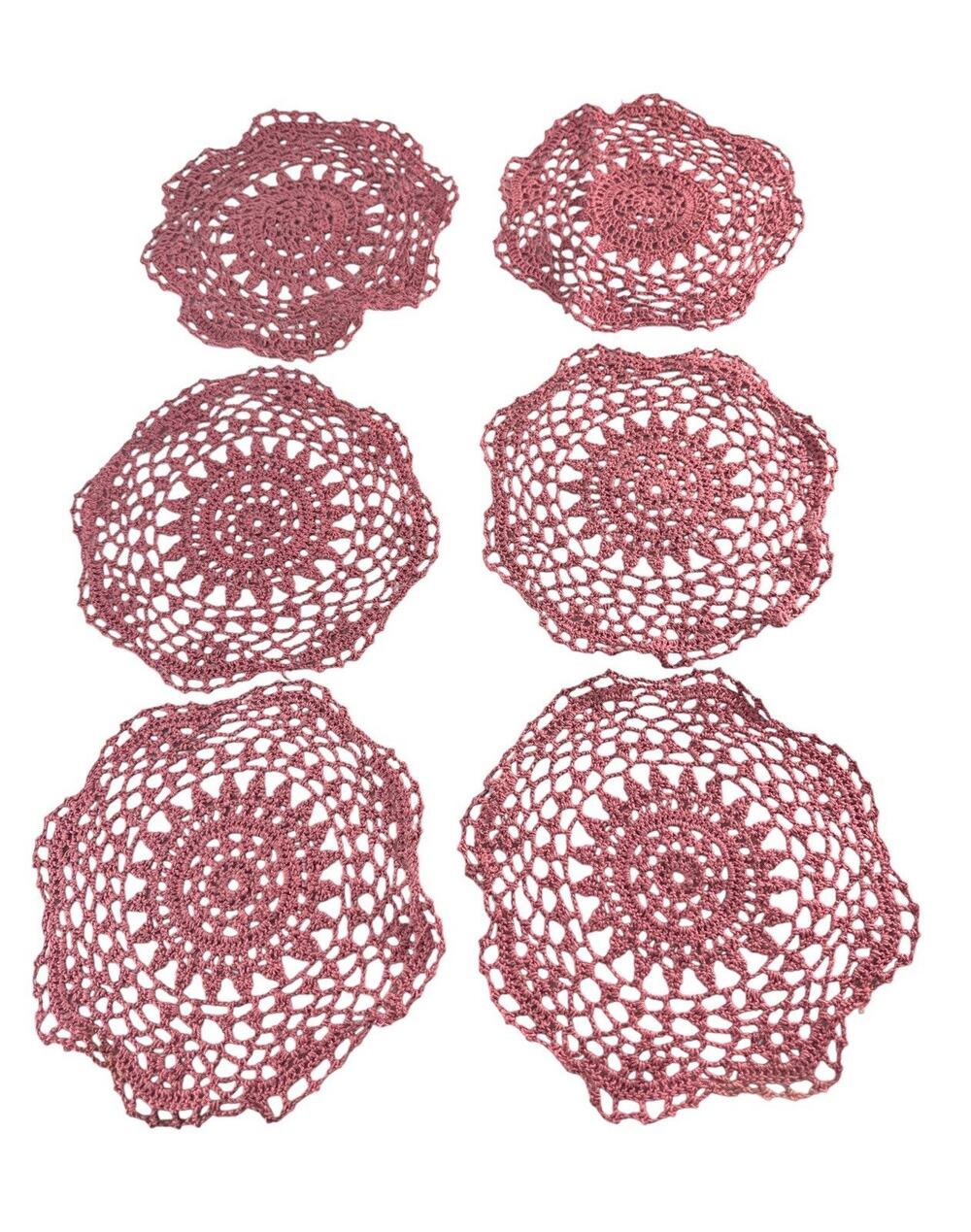 Vintage Handmade Crochet Doilies Set of 6 Mauve Rose Pink 7.5” Round